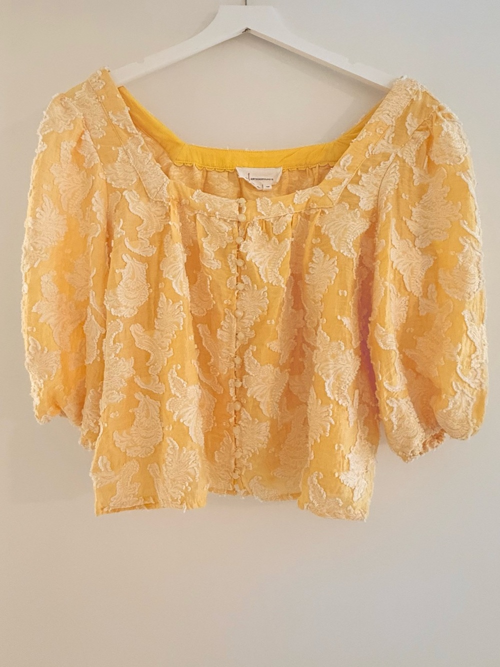 Anthropologie Yellow Puff Sleeve Embroidered Blouse
